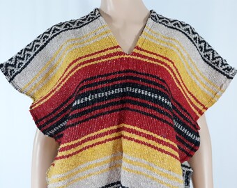 Mexican Poncho Authentic Heavy Black Beige Red Yellow Fringed Striped Excellent Condition Vintage One Size by FRANKS TEXTILES MEXICO