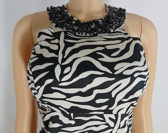 Sleeveless Zebra Dress Jeweled Cleopatra Neckline, Black & White Vintage Size 2