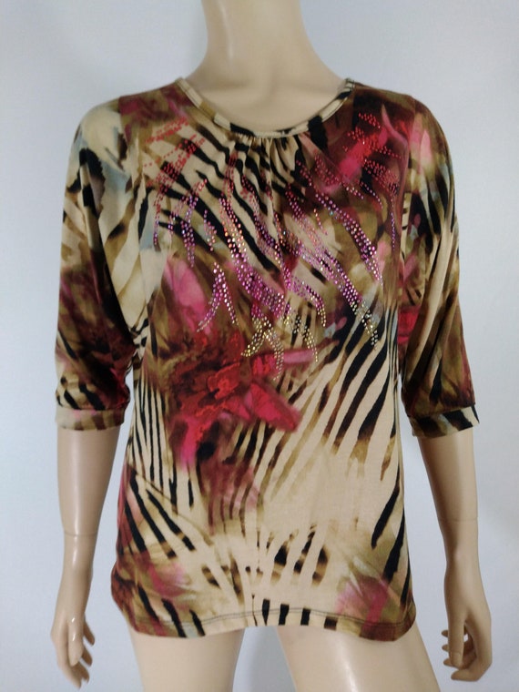 Women's Boho Top Wild Zebra Abstract Beige Black … - image 1