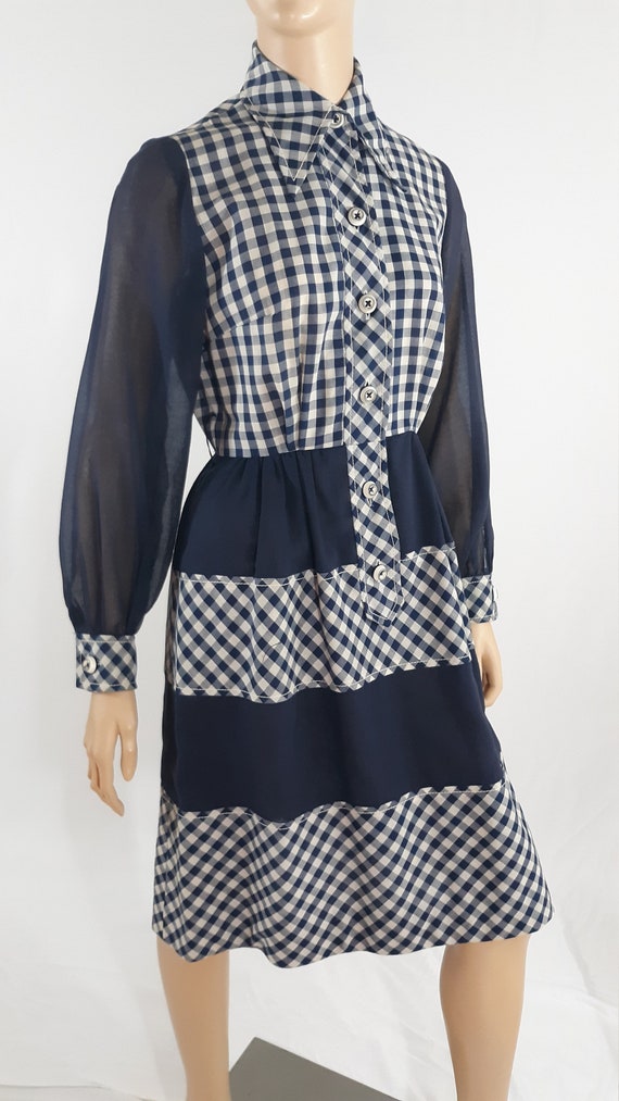 1970's Women's Dress Blue White Gingham Authentic… - image 3