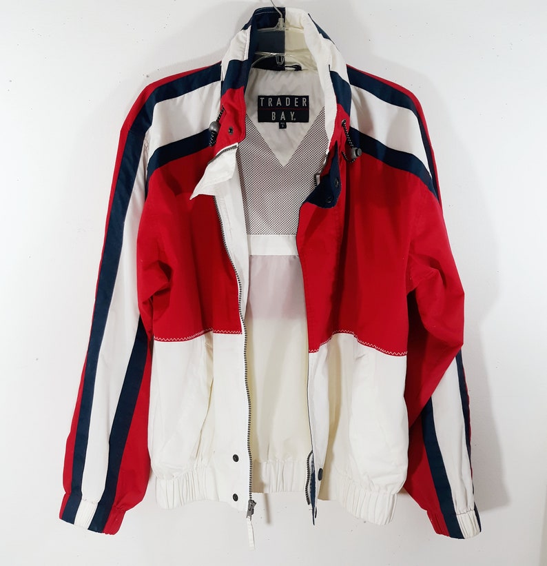 80/'s Men/'s Jacket Nautical Yacht Boating Sports Outerwear Red White Blue Bomber Windbreaker Classic Excellent Vintage by TRADER BAY size S