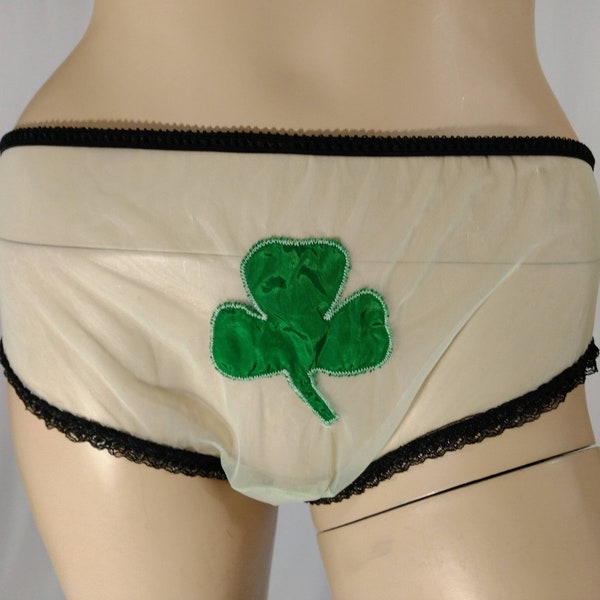 60's Lingerie Panties Women's Novelty St. Patrick's Day 3 Leaf Clover Pale Green Sheer Green Satin Clover Panties by TREASURE ISLAND Size S