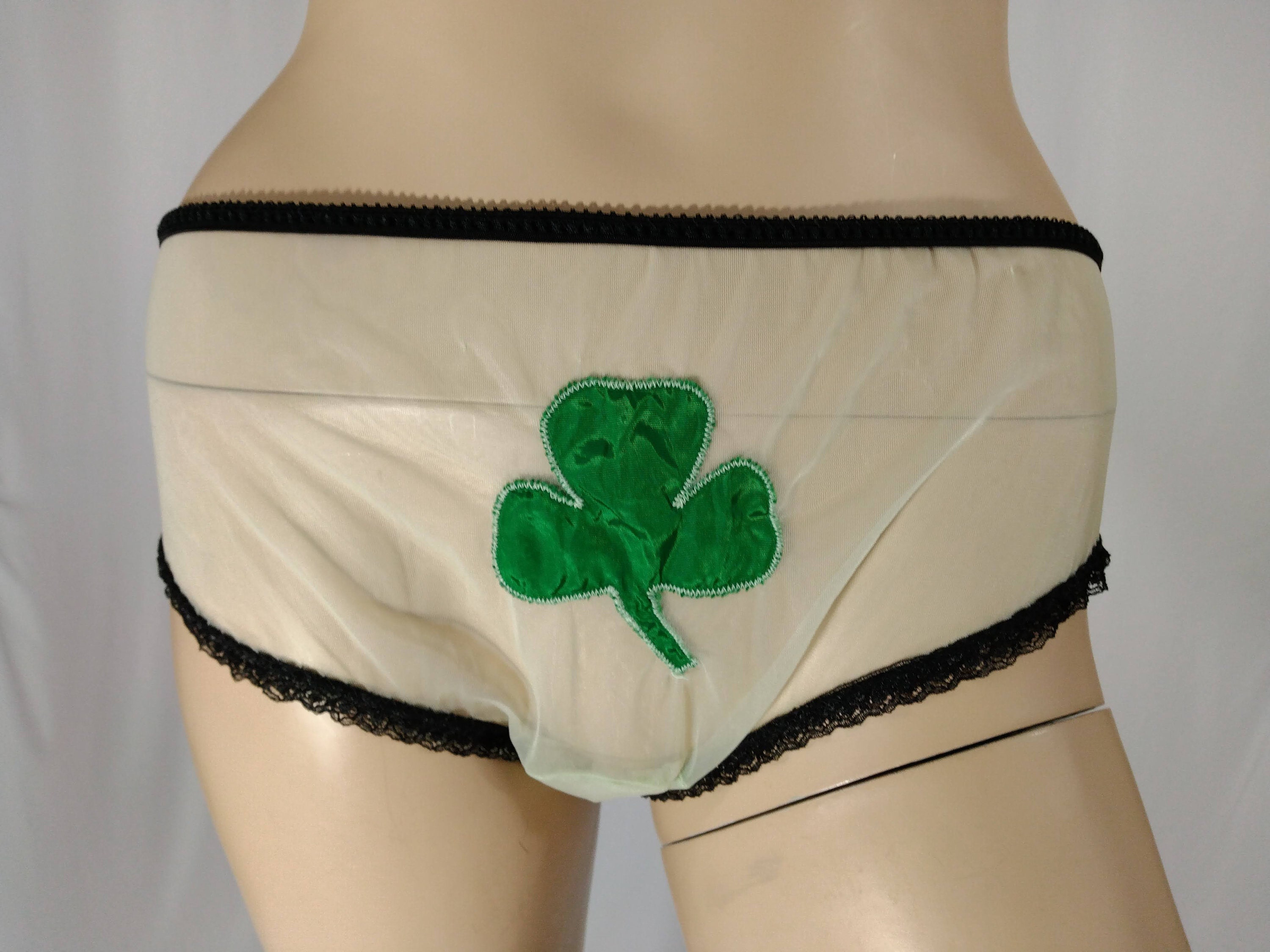 60's Lingerie Panties Women's Novelty St. Patrick's Day 3 Leaf Clover Pale  Green Sheer Green Satin Clover Panties by TREASURE ISLAND Size S 