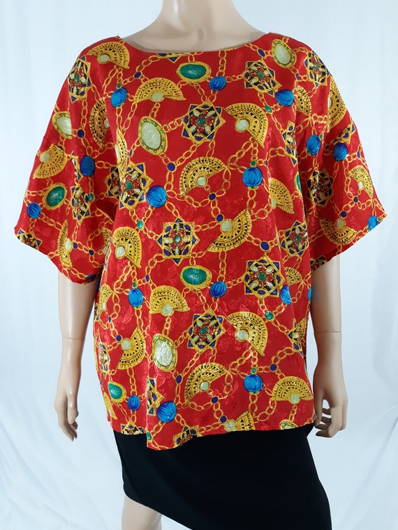 80's Women's Top Red Colorful Short Sleeve Jewelry