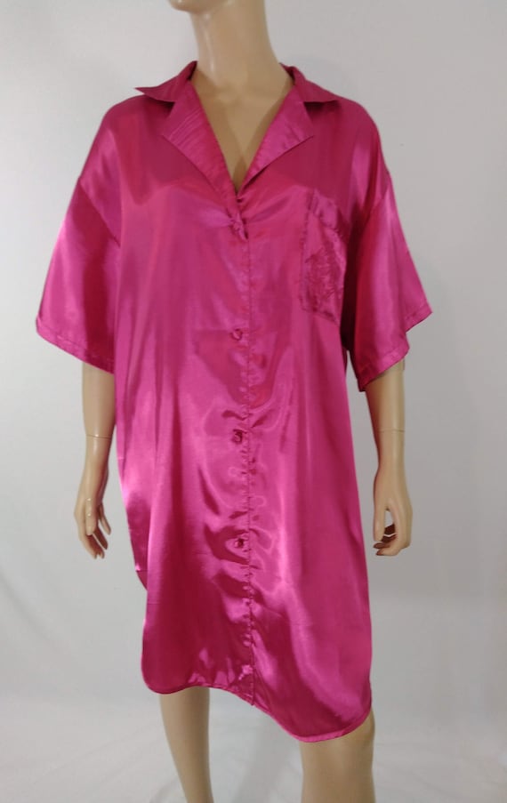 Women's Sleep Shirt Pink Satin Pajamas Top Embroid