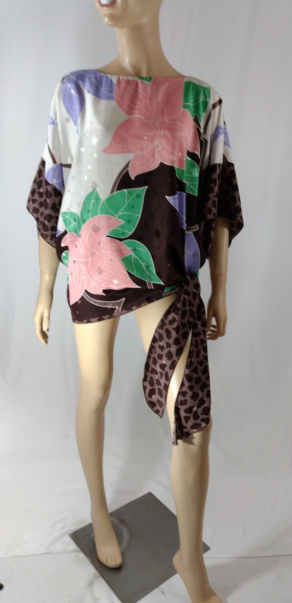 70's 80's Blouse Women's Satin Pink Brown White G… - image 4