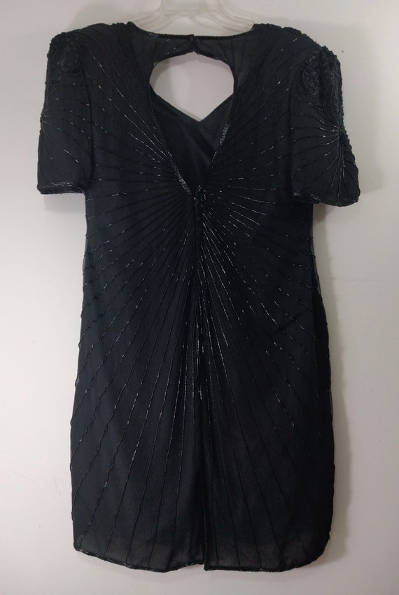 Black Beaded Dress Women's 80's Sequined Short Sl… - image 8