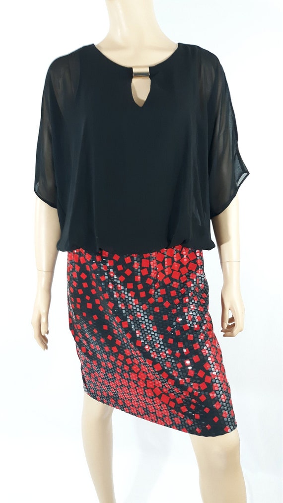 Women's Dress 80's 90's Red Black Shimmery Geo Pat