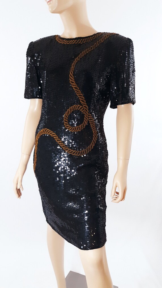 Robe Vintage Noire à Paillettes Années 80 - Marque Stenay - Taille 10 - Soie - Occasion Bon État