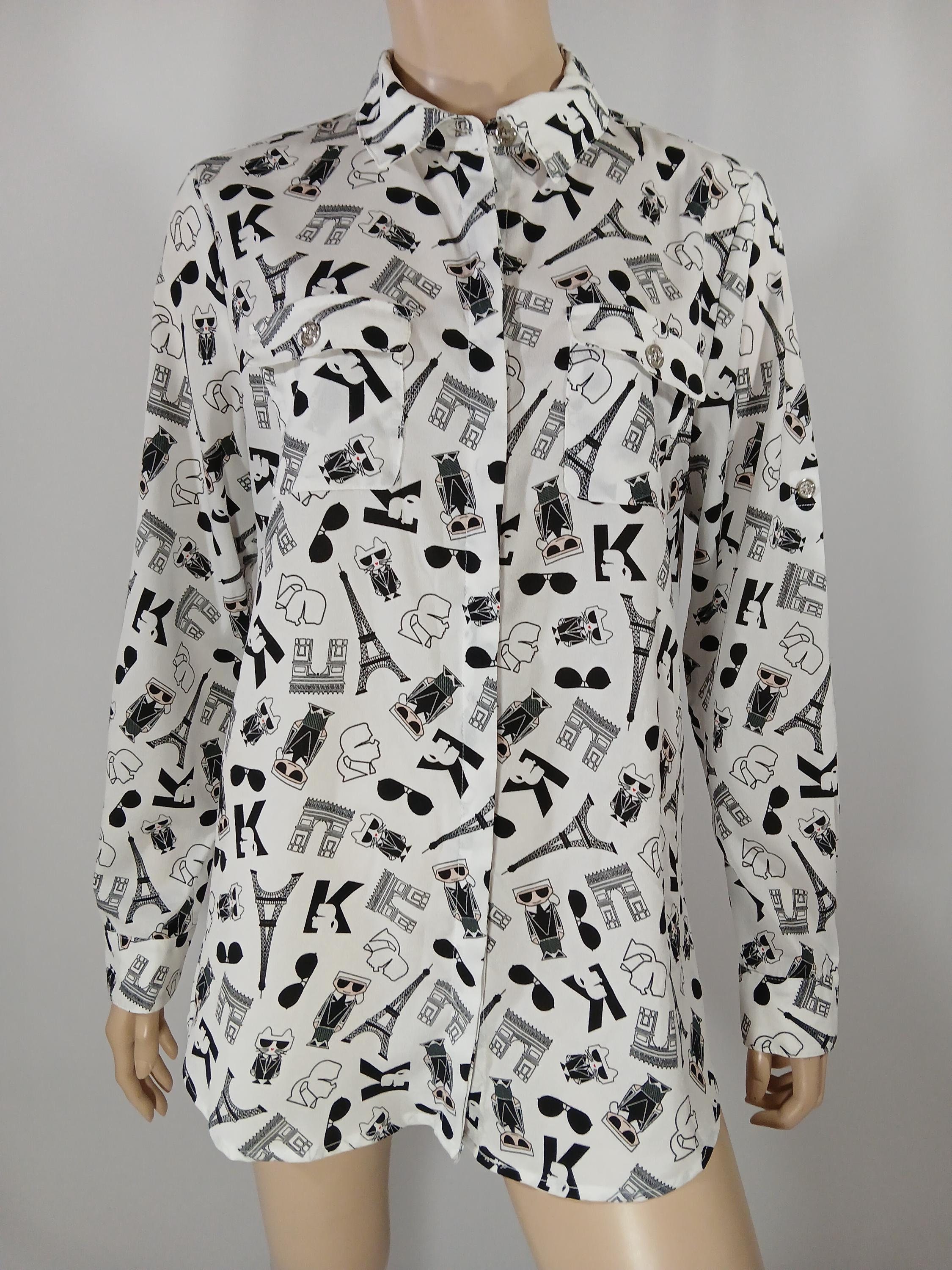 vintage 80s KARL LAGERFELD 総柄　シャツワンピース Vintage KARL LAGERFELD Paris Shirt, Cat & Eiffel Tower Print, Size