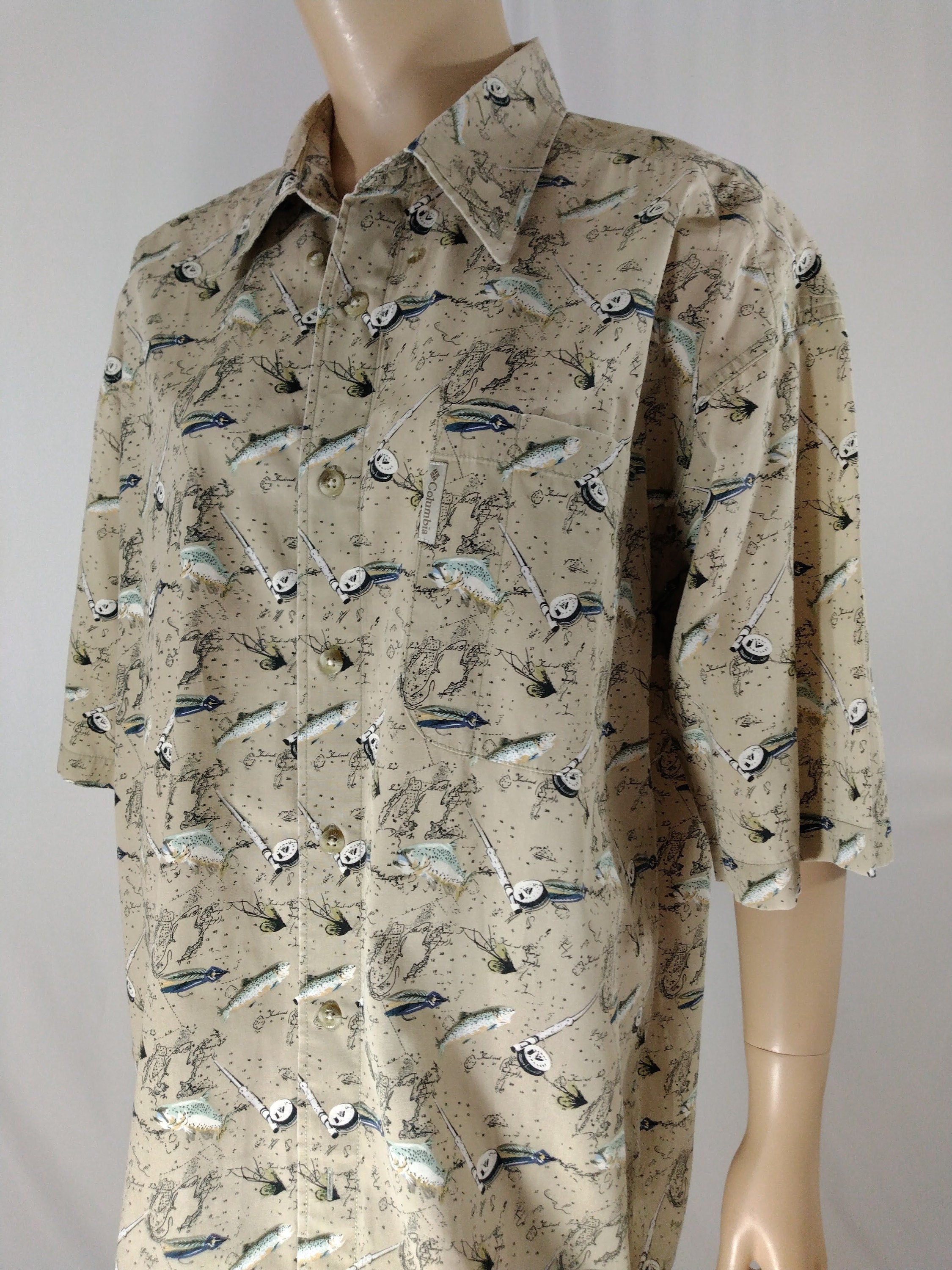 Columbia Sportswear Shirt Men's Shirt Fish Rod N Reel Short Sleeve Beige  Blue Black 100% Cotton Excellent Condition Vintage Size L Oregon -   Israel