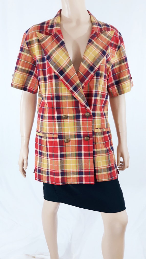 60's 70s Blazer Womens Plaid Short Sleeve Colorful