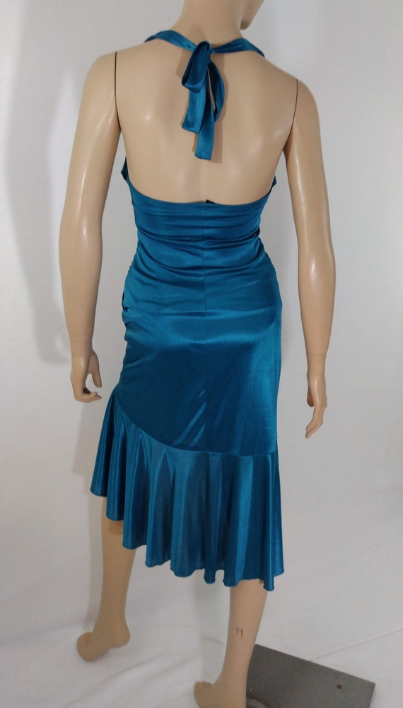 Women's Satin Dress Disco Prom Dress Teal Satin B… - image 7
