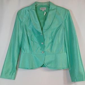 Women&#39;s Dress Suit 2 Piece Long Sleeve Top Long Skirt Aqua Green Satiny Lucite Diamond Buttons Lux New w Tags Vintage by NICOLETTE Size 10
