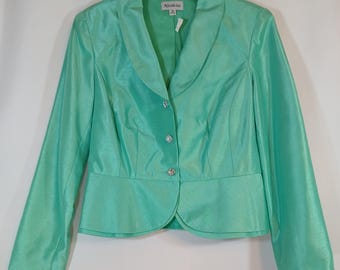 Vintage Aqua Green Satiny Dress Suit with Lucite Buttons, Size 10