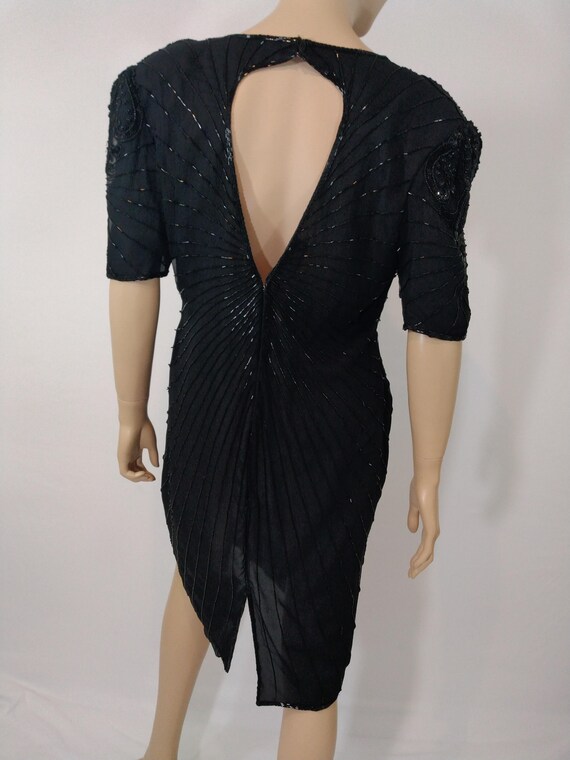 Black Beaded Dress Women's 80's Sequined Short Sl… - image 4