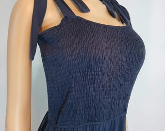 Vintage Jumpsuit, Deep Blue, Pockets, Tie Shoulder Straps, Size XL