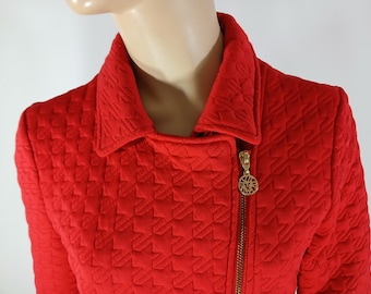 Anne Klein Red Houndstooth Quilted Jacket with Gold Zipper, Size S
