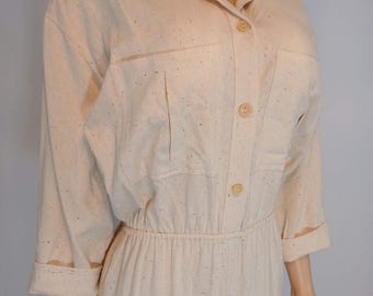 Beige Jumpsuit 80s 90s, 100% Raw Silk, Buttons, Pockets, Made in GREECE, Size S