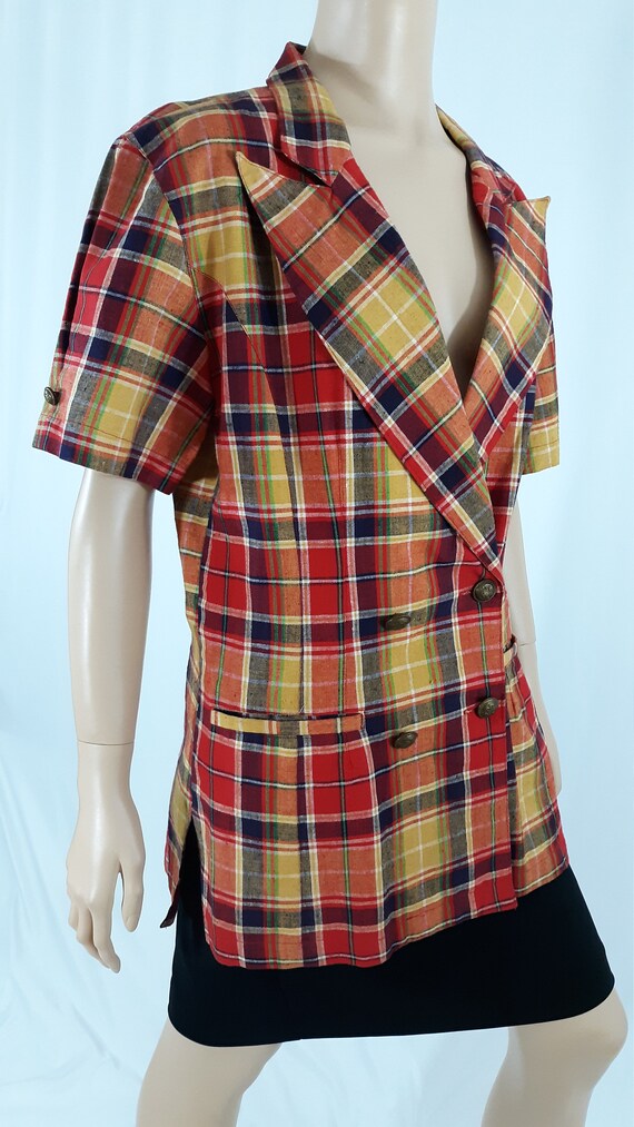 60's 70s Blazer Womens Plaid Short Sleeve Colorfu… - image 2