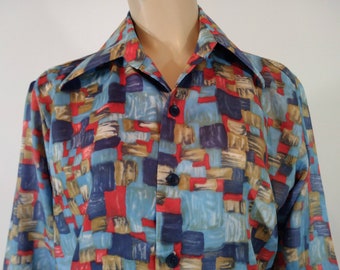 Vintage 70s Abstract Print Shirt, Large Collar, Size M