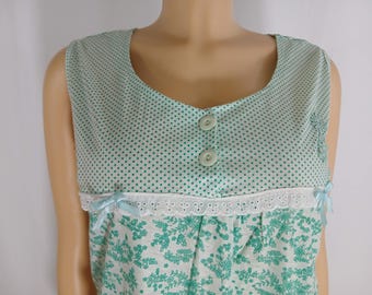 House Dress Nightgown, Sleeveles, Green White Tiny Floral, Vintage Size M