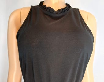Vintage Black Jumpsuit, Sleeveless, Tiny Ruffle Neck, Size M