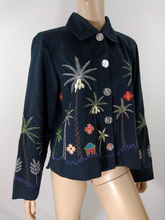 Women's Black Jacket Top Linen/ Cotton Fabric Emb… - image 5