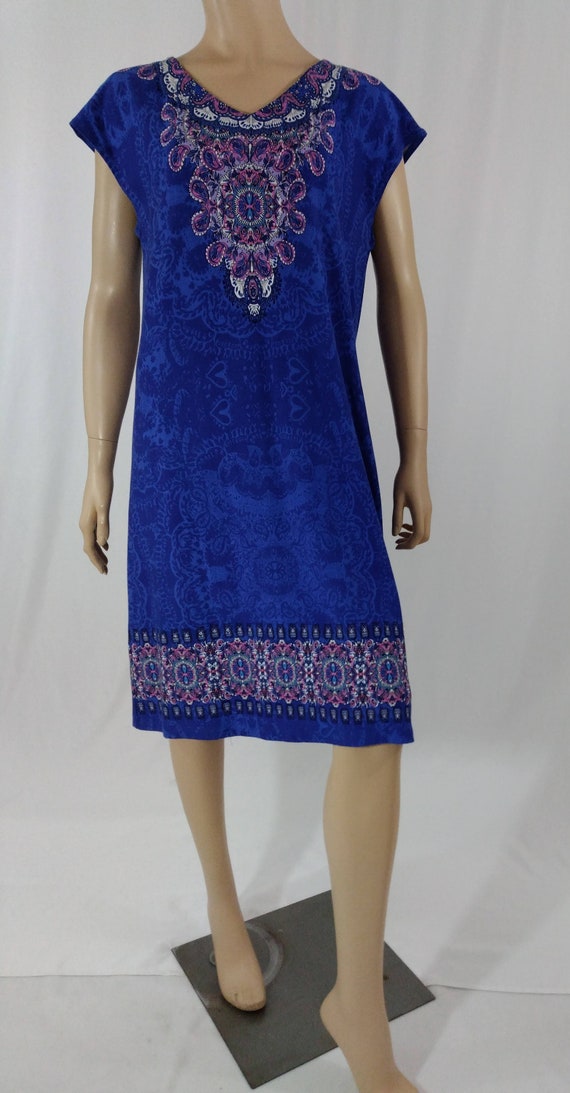 Chico's Women's Dress Boho Blue Shift Dress Colorful Trim Cropped Sleeve  Stretchy Designer Excellent Condition Vintage by Chico's Size M -   Israel