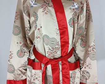 Japanese Kimono Robe, Red & Beige Floral, Thick Satin, 3/4 Length Vintage Size XL