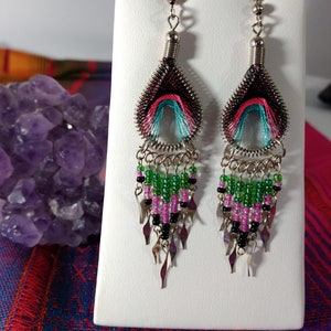 Boho Earrings Womens Girls String Art Pink Purple Seed Bead Woven Fringe Geo Colorblock Boho Native Tribal Silver Jewelry Great Gift image 2