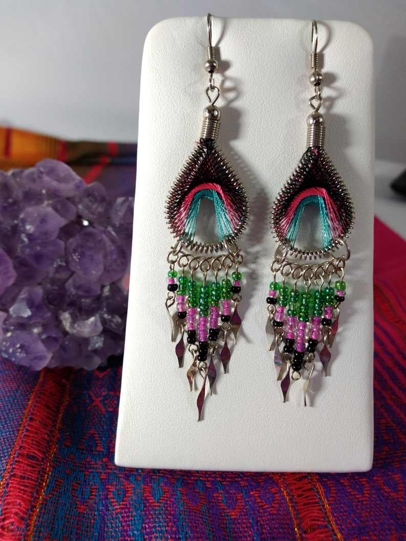 Boho Earrings Womens Girls String Art Pink Purple Seed Bead Woven Fringe Geo Colorblock Boho Native Tribal Silver Jewelry Great Gift image 2