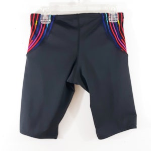 May include: Black swim trunks with colorful striped accents on the sides.