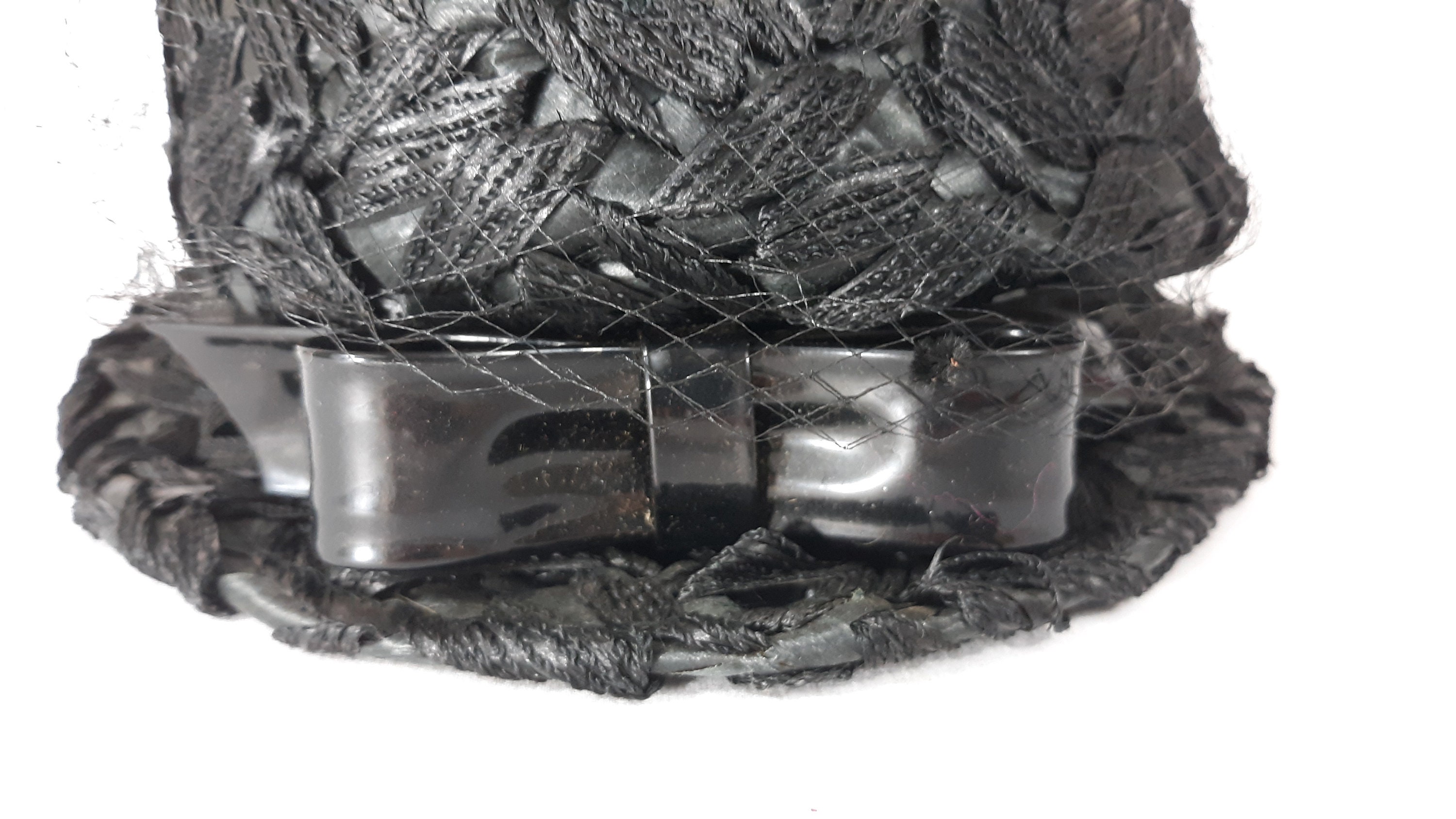Vintage 60s Braided Pillbox Hat, Black Velvet Polka Dot 
