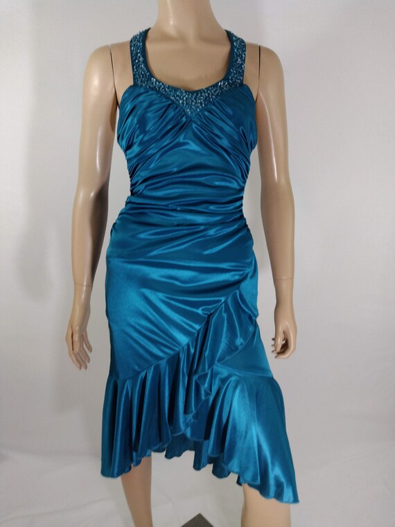 Women's Satin Dress Disco Prom Dress Teal Satin B… - image 3
