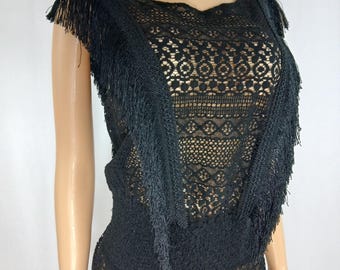Vintage Black Lace Fringe Dress: Sleeveless, BEBE Size M
