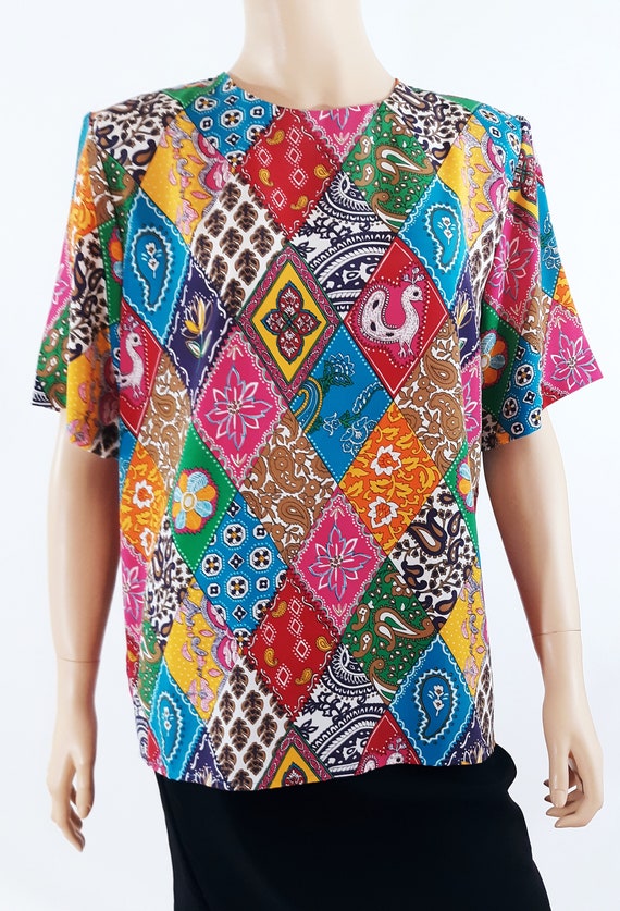Women's Shirt 80's Short Sleeve Geo Color Block R… - image 3