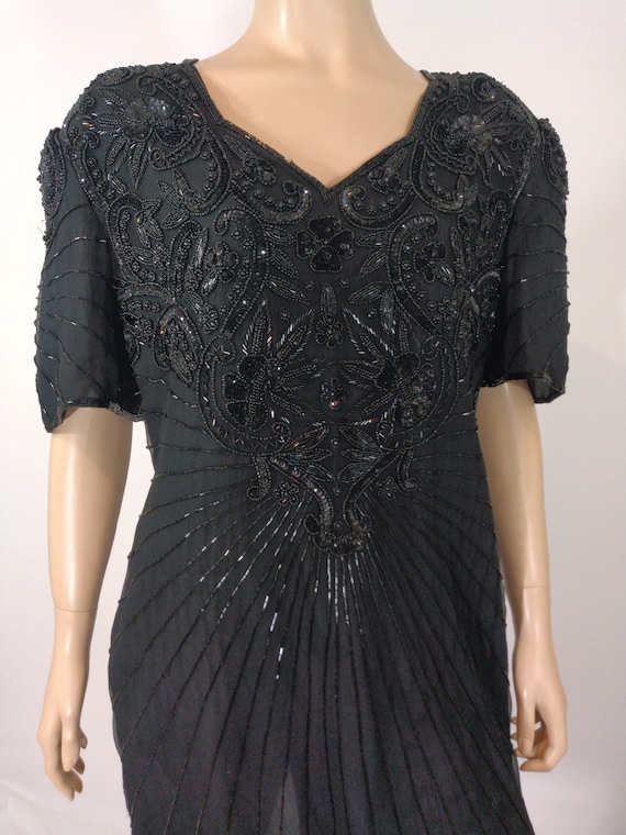 Black Beaded Dress Women's 80's Sequined Short Sl… - image 7