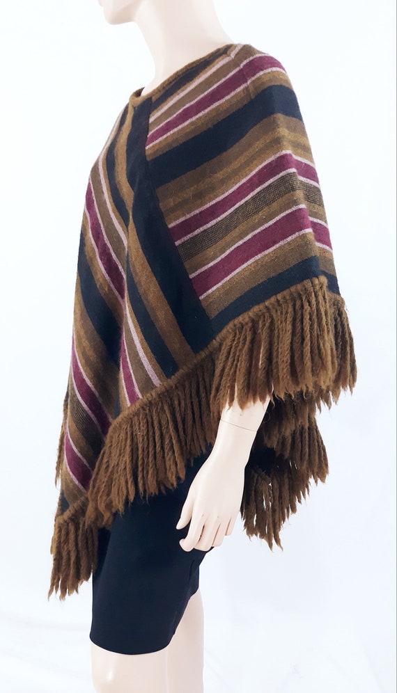Handmade 70s Wool Poncho: Striped, Fringed, Vinta… - image 4