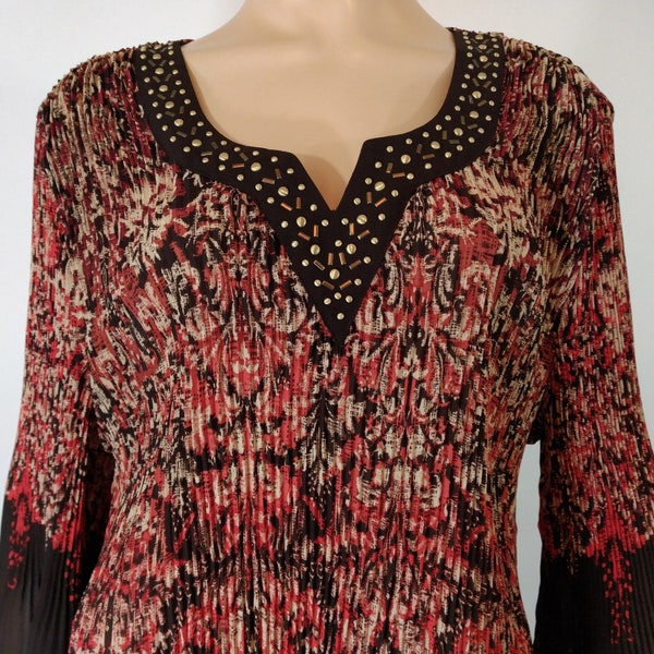 Plus Size Top Women's Boho 3/4 Sleeve Orange Brown Beige Stretchy Extra Long Gorgeous Perfect Like New Condition by CATHERINE'S Size 1X