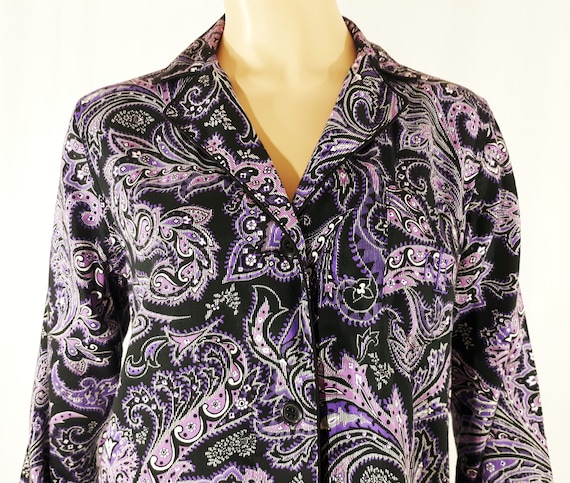 RainbowTimeMachine Ralph Lauren Pajamas Women's Sleep Shirt Lounge Wear Black Purple Cotton Rayon Elegant Chic Excellent Like New Condition Vintage Size XS
