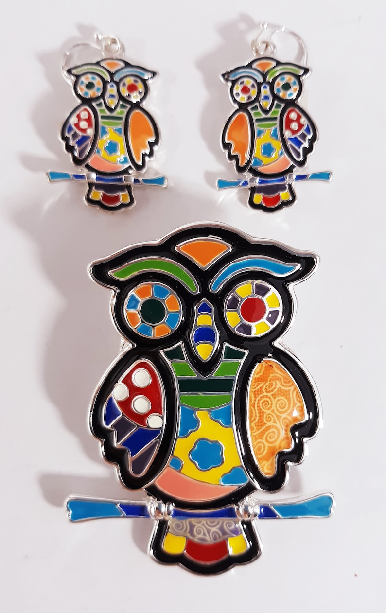 Handmade Pendant Owl Earrings Set Womens Girls Rainbow Multicolor Artsy Mosaic Silver Tone Enamel Boho Jewelry Dangle Gift Craft Charm