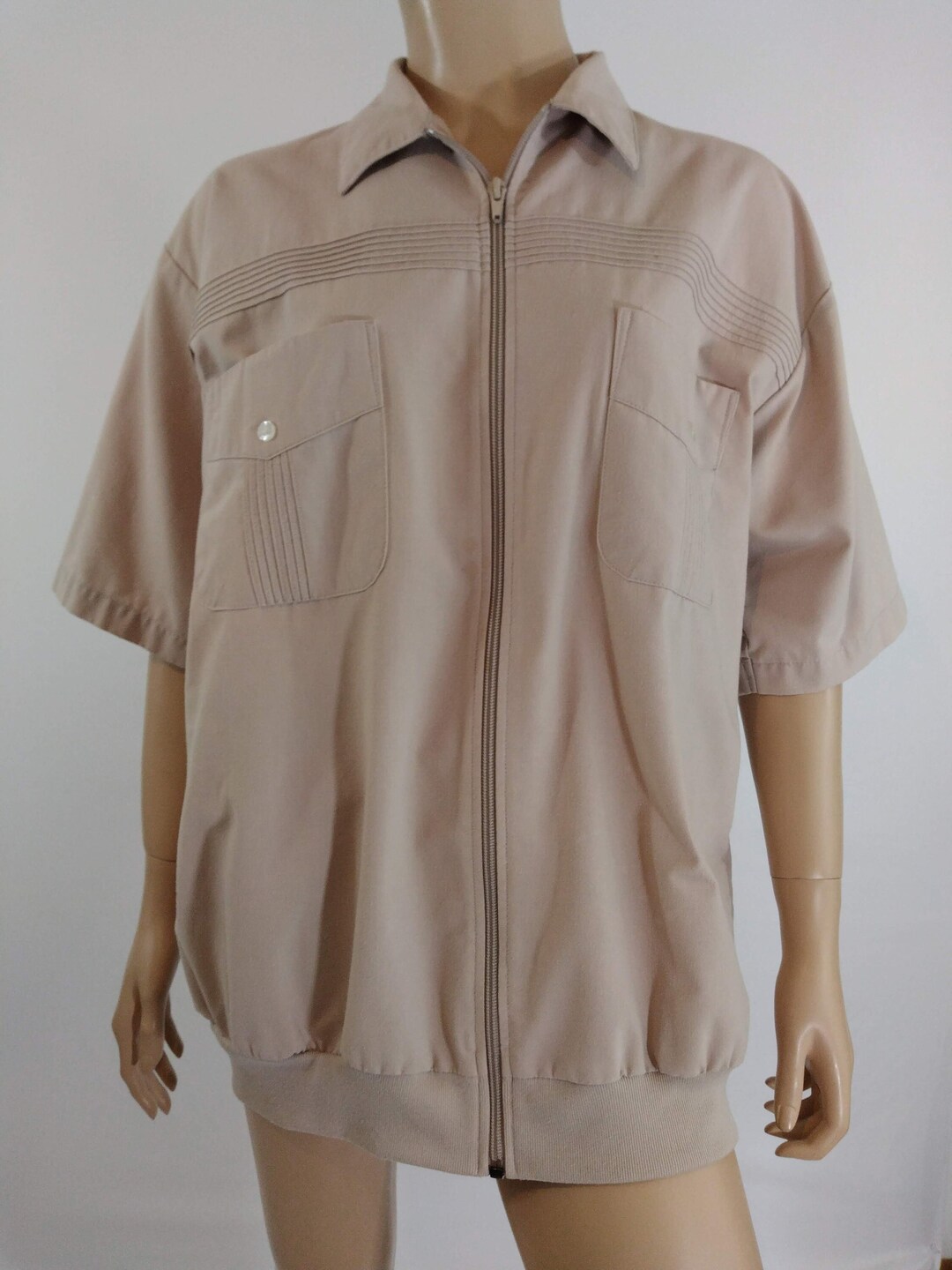 80's Men's Shirt Short Sleeve Zipper Front Cotton Blend Biege Waist