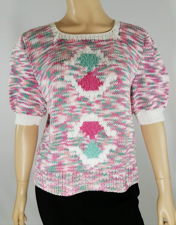 80's Women's Sweater Pullover Pastel Pink Turquois