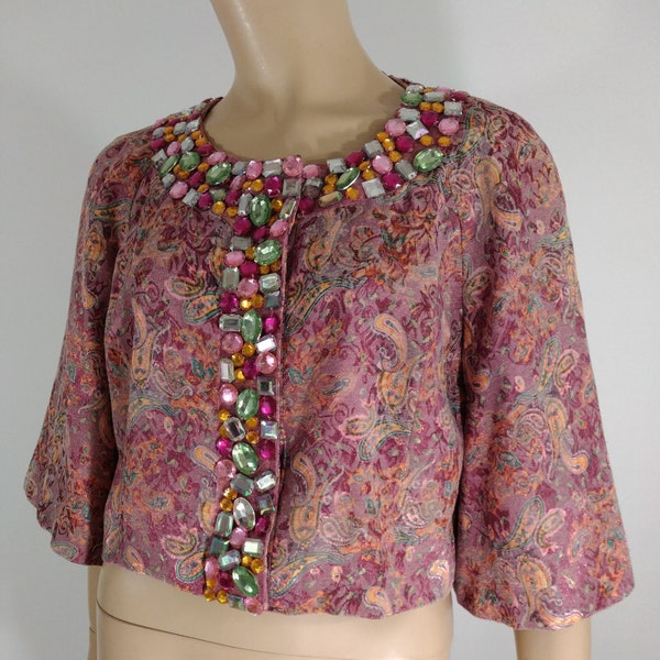 Bolero Jacket Capelet Women's Pink Floral Tapertry Multi Shaped Colorful Jewels Gorgeous Like New Condition Vintage by CHRISTINA V Size M