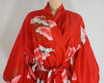 Vintage Red Crane Cloud Kimono Robe, Full Length, Made in Japan