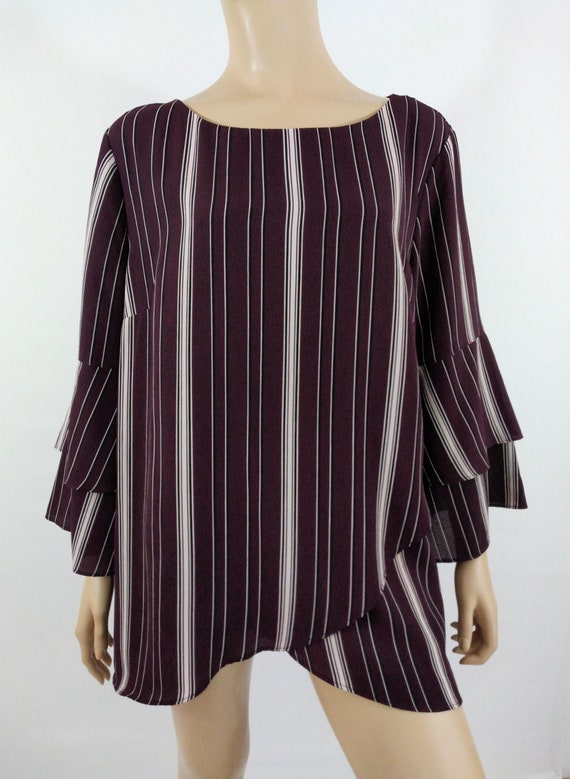 Women's Maroon Blouse Deep Red Striped Top 3/4 Dou