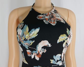 Vintage Black Floral Halter Dress, size L