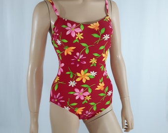 Vintage Swim Suit 80's Women's One Piece Red Colorful Floral Built in Cups Bombshell Glamour Excellent Condition Vintage by KRISTA size M