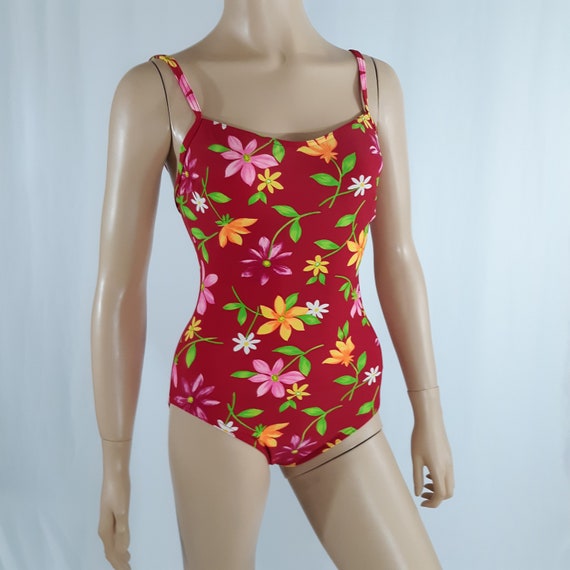 Vintage Bathing Suit 80s Women's One Piece Red Colorf… - Gem